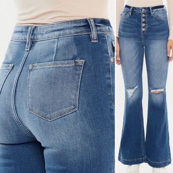 KanCan Peyton Jeans Boho Button Fly Flare Leg Busted Knees Blue 26P - Picture 11 of 11